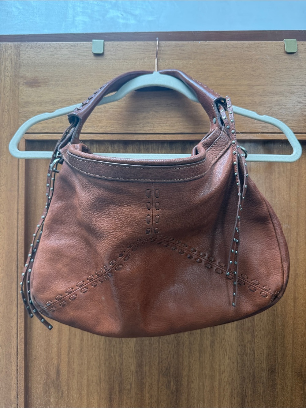 Tano Stud-Trim Leather Shoulder Hobo in Cognac Brown